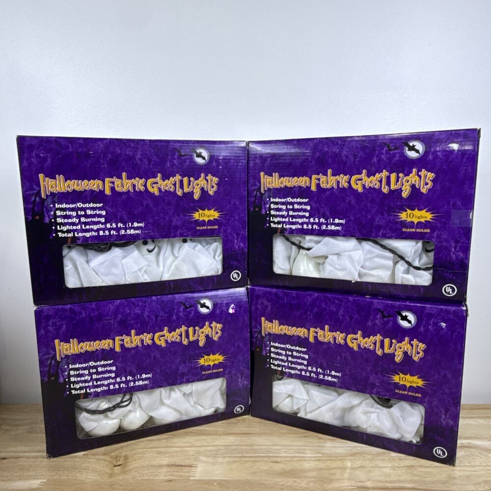 NIB Halloween Fabric Ghost 10 Lights Indoor Outdoor 4 Sets Indoor/Outdoor